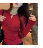 Sweet Hottie Long-Sleeved T-Shirt Women's Autumn 24024 New V-Neck Slimming Design Feeling