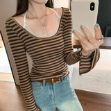 Small Design Lace Side Hanging Neck Striped Long-Sleeved T-Shirt Woman 2025 New High-End Non-Framming Shirt Top