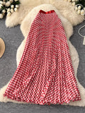 Printed Wave Folding Skirt High Waist Thin Temperament Long Dress Commuter Lattice Half Skirt A-Dress Skirt