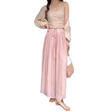 2025 Design Sense Of Fashion Pure Color Tie High Waist Thin Trousers Hanging Wide Leg Pants Slacks Sweet