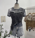 Real Shooting Of The Edge Of The Denim Splicing Tie Dye Mesh Repair Irregular Two Short-Sleeved Top T-Shirt 26171