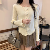 Autumn New Lace Open Shirt Sweater Early Spring Fresh And Gentle Repair Button Three-Dimensional Flower Knitting Top