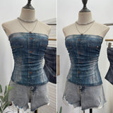 Real Shooting Denimed Tie-Dye Printing Mesh Yarn Tectar Tset With Chest Cushion Anti-Slip Vest Short Top 1255