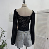 Real Shot French Lantern With Chest Tender Tops With Cuffed Shoulders With Dark Band Lace T-Shirt 8121