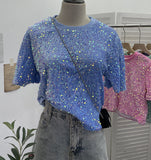Pink Sequin Short Sleeve T-Shirt 2025 Spring And Summer Korean Version Of Loose Night Club Bling Top 9088