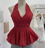 Real Shooting Wave Point Hanging Neck Sling Vest Bare Back Bow Skirt Swollen Belly Thin Sleeveless Top 9260