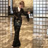 Vintage Black Lace Dress Girl Spring Sleeves To Close The Waist Dress French Royal Sister Temperament Ass Long Dress