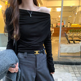 2026 Early Spring Slanted Shoulder Hottie With Long Sleeves And Bottom Shirts In Autumn And Winter Shoulder High-Level Temperament T-Shirt