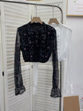 Short-Term Umbilled Flower Long-Sleeved Shirt Spliced Lace Lotus Side Single Row Buckle Chiffon Shirt 23810