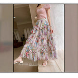 Irregular Splicing Color Flower Mesh Dress Dress Woman 2025 Summer French Fairy Temperament A-Shaped Skirt Cake Skirt Skirt