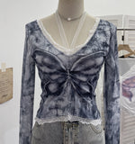 Solid Shot Micro-Permeable Mesh Butterfly Print Splicing Lace Hanging Neck Horn Long-Sleeved T-Shirt Repair Short Top 1286