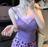 Sexy Fake Two Splicing Lace Sling Vest Women Summer Babes Set Purple Leopard Half-Dress Two Sets