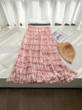Rotating Skirt ~ Blue Lattice Mesh Yarn Half-Dress Woman Oversized Swing A Word Hundred Fold Skirt Wood Ear Splicing Cake Skirt