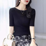 High-Grade Black Shoulder Round-Neck Short-Sleeved Knitted Shirt Women's New 2026 Summer Shoulder Ice Refresher Bottom Top
