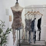 Real Shooting Thrombial Rivet Sling Skirt Design Lotus Side Ribbon Ribbon Vest Dye Net Yarn Sleeveless Top Lady 1275