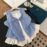 Lace Splicing Fake Two Plaid Sleeveless Vest Shirt Women Summer Lotus Edge Bow Tied With Loose Top
