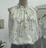 Net Yarn Splicing Printing New Chinese Style Collared With Hanging Neck Buckle Shirt Small Slap Short Vest 9127