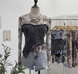 Solid Shooting Tie-Dye Print Spliced Denim T-Shirt Girl Autumn Design Sense Irregular Hair Side Short-Sleeved Top 2617