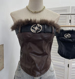 Real Shooting Millennium Babes Hair Splicing Pu Leather Belt Brae Waistcoat With Chest Cushions With Short Shirt 1351