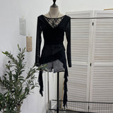 Real Shooting Swing ë·ë· ɴ Mesh Stitching Lace Long Sleeve Bottom Top Irregular Ribbon Design T-Shirt 1322