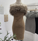 Real Shooting Hottie Shoulder Hair Spliced Deer Skin Velvet Tector Tan Dress Folded Ass And Hip Skirt 8878