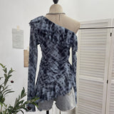 Slanted Shoulder Lotus Leaf Collar Long-Sleeved Mesh Printing Tops Irregular Hem Bottom T-Shirt 8061
