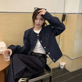 Hidden Blue Short Fragrant Coat Women 2025 Autumn And Winter Single Row Retro New High-End Loose Long-Sleeved Top