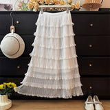 Gentle Wind And Wood Ear Side Hollow Net Yarn Splicing Half Skirt Women Summer High-Waist A Word Loose Multi-Level Cake Skirt