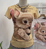 Rabbit Print Wave Point Double-Layer Mesh Yarn Short-Sleeved T-Shirt Girl Summer Hottie Fake Two Thin Tops 1591