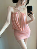 Holiday Style Solid Color High-End Hanging Neck Mesh Yarn Splicing Dress Women Summer Waist Sexy Hot Girl Ass Skirt