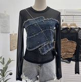 Real Shooting Spice Girls Irregular Hairy Denim Splicing Perspective Mesh Long Sleeves Bottom Shirt Short T-Shirt 8978