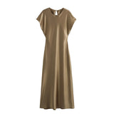 Spring 2025 New Women's Silk Silk Texture Solid Color Sleeveless Long Fan Flute Dress Woman
