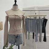Real Shooting Design With A Word Shoulder Striped Strapped T-Shirt For Women's Spring Long-Sleeved And Shoulder-To-Shoulder Short-Sized Top 8026