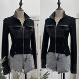 Vintage Modern Zipper Collar Spliced Pu Leather Shirt Babes Short Jacket Coat Fur Coat 1365