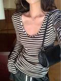 Spice Girls Clam Striped Stile V-Neck Long Sleeve T-Shirt 2025 New Slimming T-Shirt Spice Girl T-Shirt