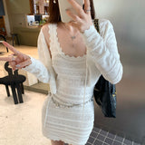 French Temperament Hook Hollow Bagted Sling Dress Woman 2025 New Super-Good-Looking Knitted Cardigan Two Sets