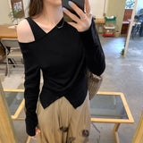 Single Special Oblique Shoulder Long-Sleeved Knitted Shirt Women's Autumn 2025 New Inner Sling Vest Stacked Two-Piece Top
