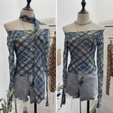 Real-Patting Mesh Lattice Letter Print Word Collar Shoulder Long-Sleeved T-Shirt Y2k Ribbon Over The Spice Girl Blouse 8072