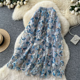 Net Yarn Half Dress Women's Autumn And Winter New High-Rise Thin Three-Dimensional Flower Embroidery Slid A Word Swing Skirt Dress Skirt