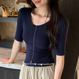 This Year's Popular Explosion Super-Looking Gray U-Neck Short-Sleeved T-Shirt Women's Spring 2026 New Small Small Blouse
