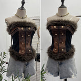 Real-Patted Leather Bra Waist Waist Coat Hair Spliced Pu Leather Slings To Collect Waist Thin Short Sleeveless Top 2996