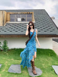 Holiday Style Retro Floral Sling Dress Women's Summer Design Irregular Dress To Collect Waist Thin A Skirt