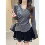 2025 Autumn And Winter Korean Version Pure Desire Gentle Nails Heavy Industry Lace V Collar Andy Velvet Knitted Bottom Shirt Top