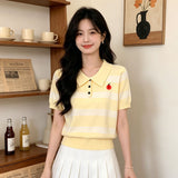 Vintage Style Stripe Polo Collar New British Style Summer Short-Sleeved Knitted Shirt Women's Casual Soft-Chamed Top