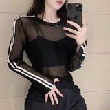 Purely Chic Unique Hottie Sexy Mesh Stripe Spliced Long Sleeve Sunscreen Shirt Design Sense Of Niche Top Woman