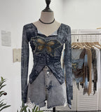 Real Shooting Pure Sexful V-Neck Umbilly T-Shirt Female Hairy Denim Butterfly Embroidered Mesh Yarn Long Sleeve Top 9996