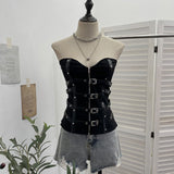 Gothic Style Splicing Pu Leather Buckle Zipper Open Shirt Braid Repair Vest Sleeveless Top Lady 1199