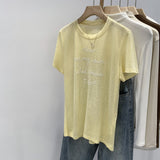 Lyselle Tiansi Fashion Letter Print Loose Round-Neck Short-Sleeved T-Shirt Women's Commuting Summer New Front Shoulder