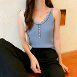 2026 Spice Girl Lace Lace Sling Vest Women Inside And Outside Wearing Repair Pearl Buttons Knitted Sleeveless Top