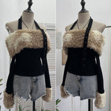 Dizzling Dyeing Collar Splicing Composite Thin Velvet Hanging Neck Shoulder Long Sleeve Top Short Slim T-Shirt 1391